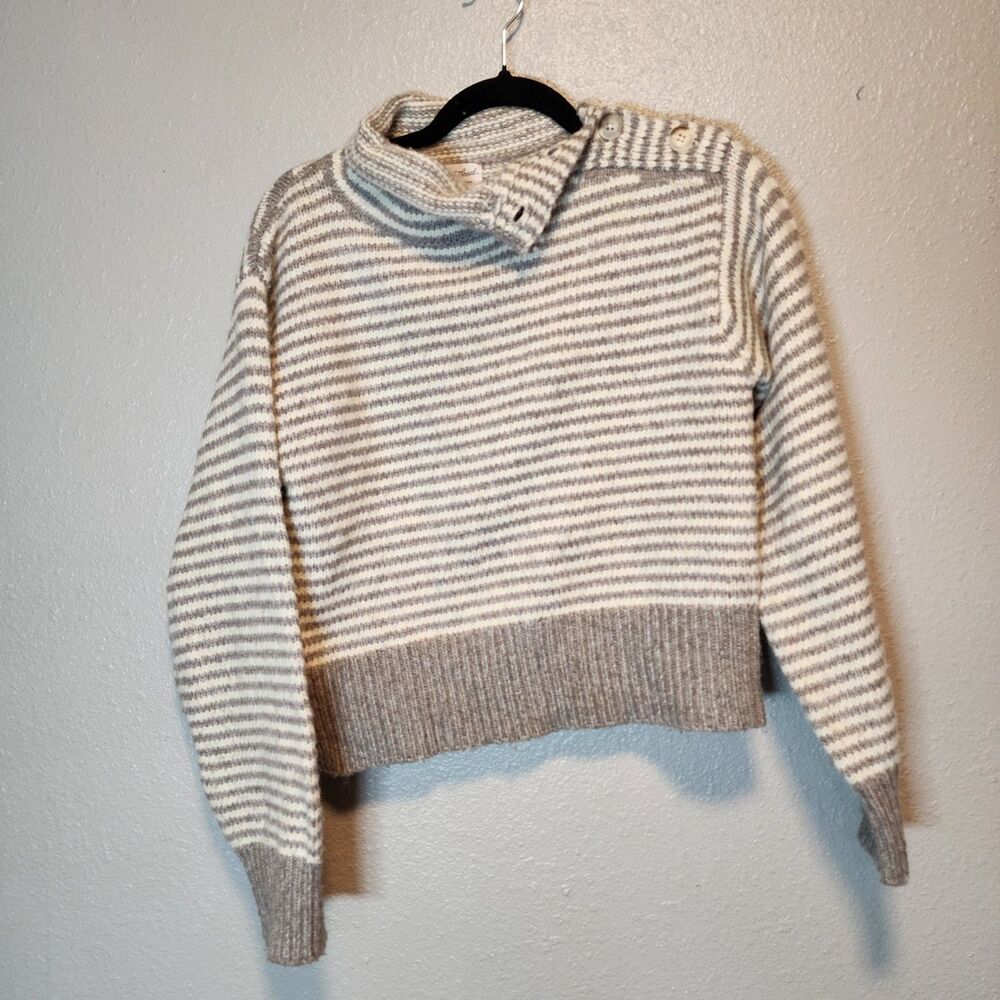 Universal Thread Womens XS Grey White Striped Button Neck High Collar Sweater